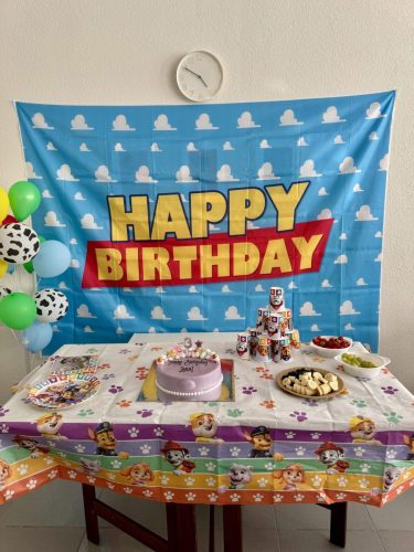 Fotoleinwand mit Paw-Patrol-Thema und „Happy Birthday“-Aufschrift, davor ein gedeckter Tisch mit Torte, Geschirr, Früchten und Ballonen bei Tiny Hands Creations